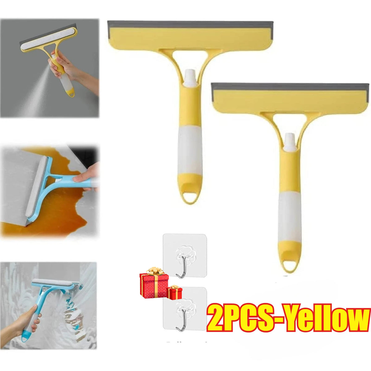 Two yellow glass cleaning tools, including a scraper and a cleaning pad, shown in various angles.