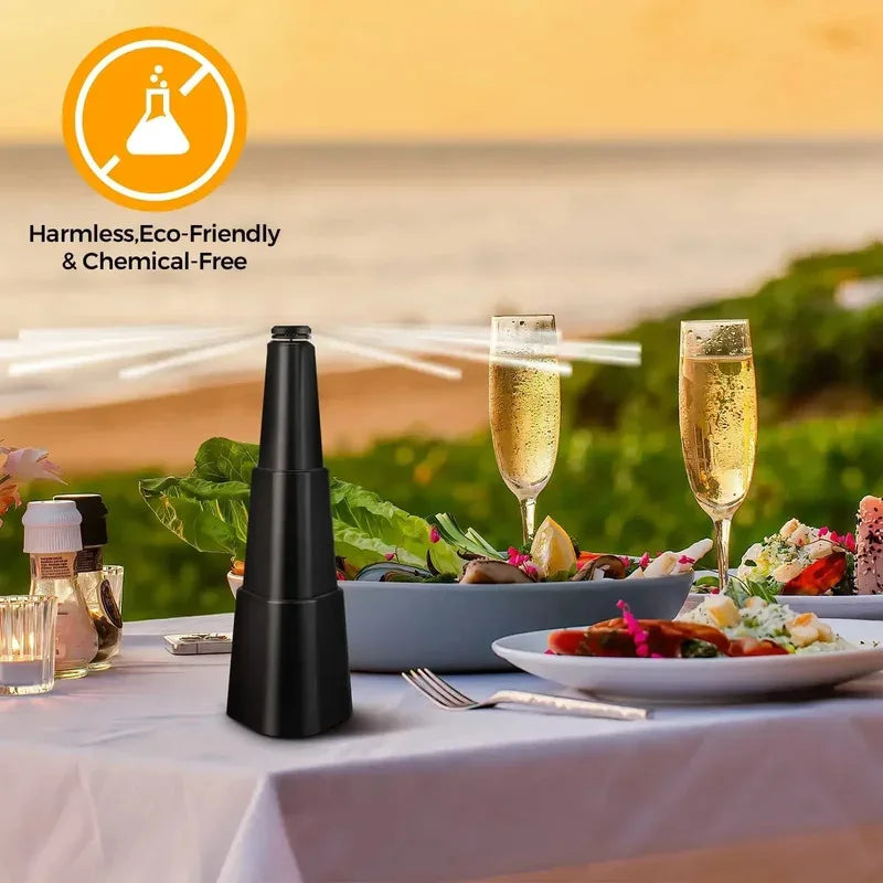 A black multi-functional fly repellent fan is shown on a table with food and a glass of champagne.