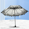A black retro transparent folding umbrella is shown open against a light blue background.