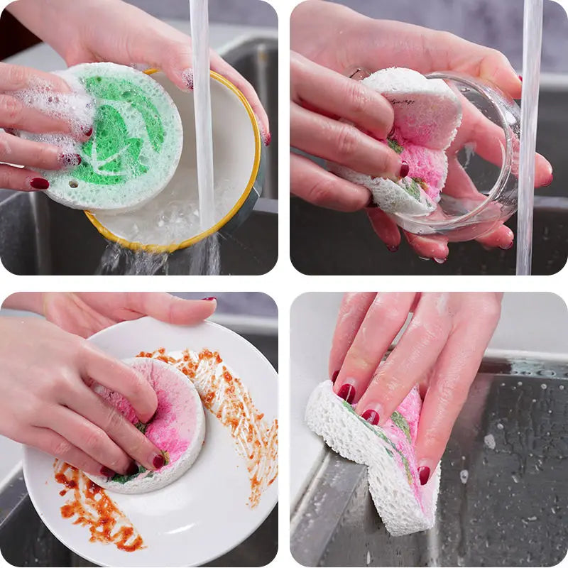 Hands are shown using eco-friendly wood pulp sponges to clean dishes and surfaces.
