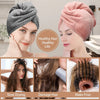 A woman wearing a pink knitted hair wrap, alongside images showing slow drying, damage hair, and frizz prevention.