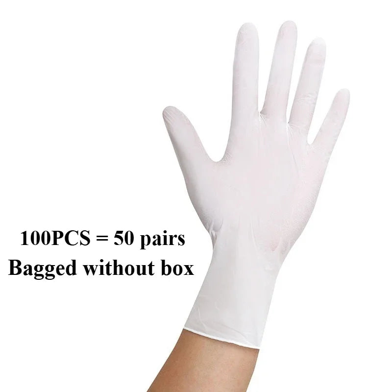 A hand wearing a white heavy-duty nitrile disposable glove is shown against a white background.