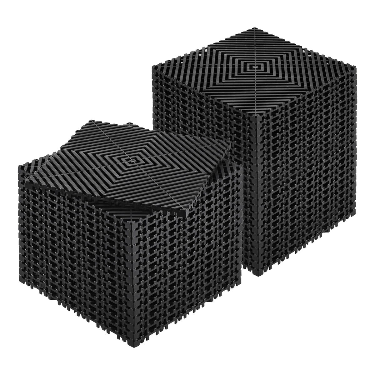A black interlocking drainage mat with a geometric pattern, shown from an angle.