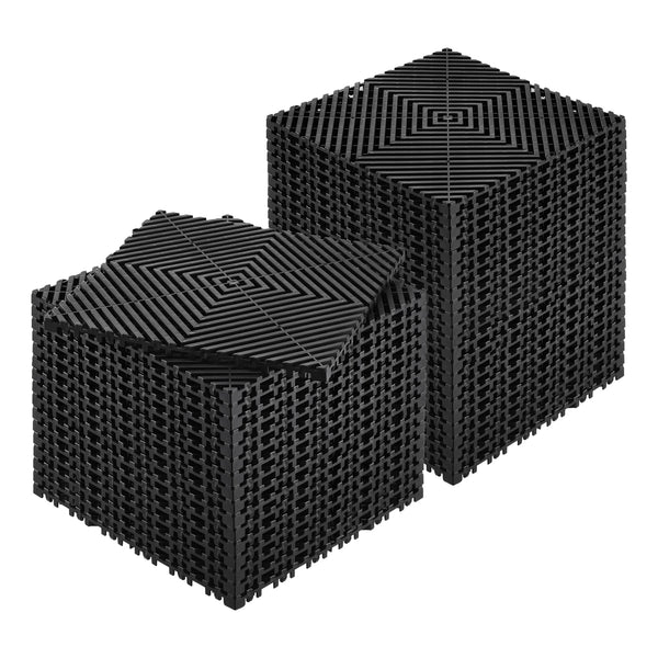A black interlocking drainage mat with a geometric pattern, shown from an angle.