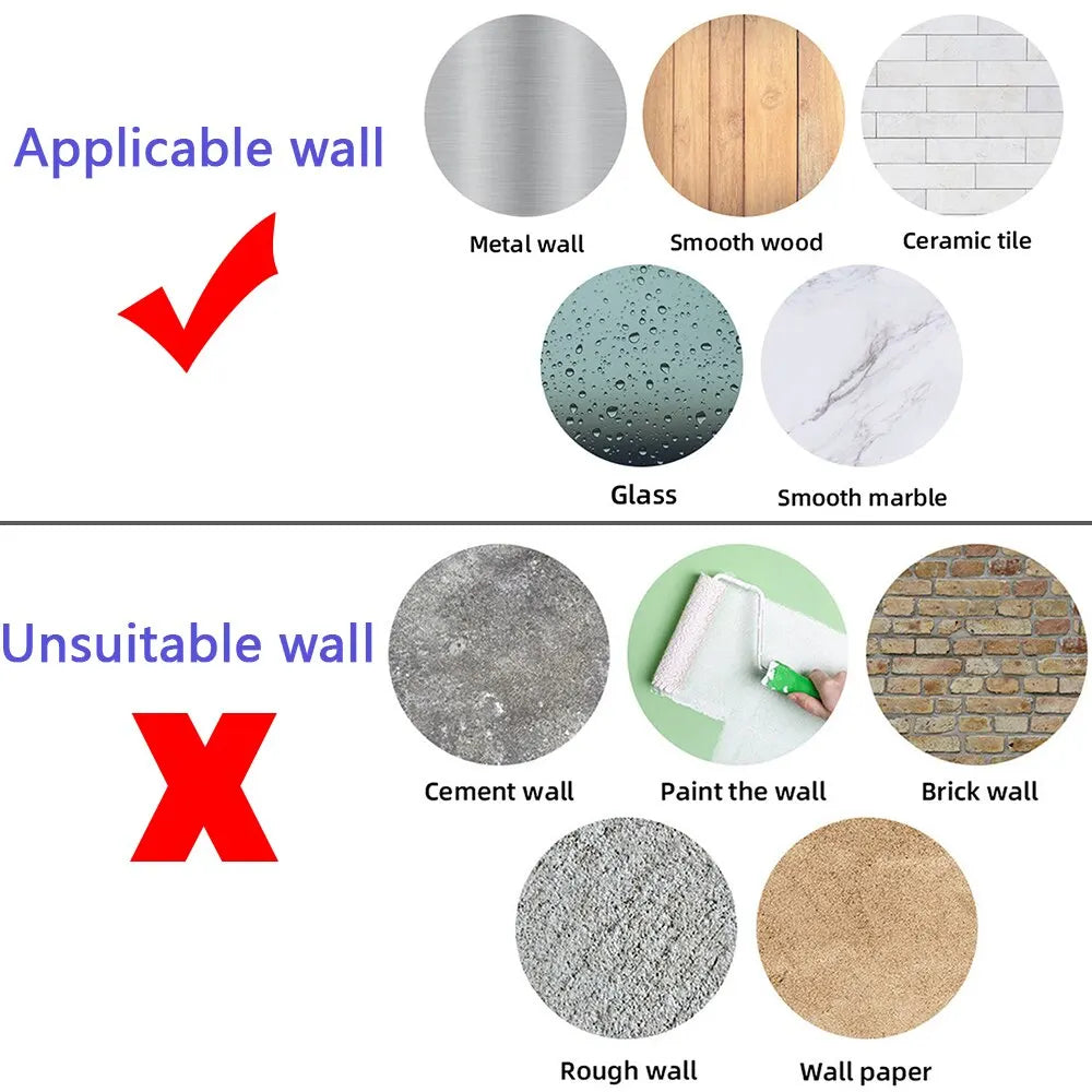 Comparison chart showing suitable and unsuitable walls for a No-Drill Adhesive Paper Towel Holder with Stainless Steel Finish
