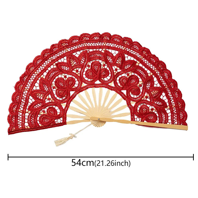 Red lace folding handheld fan with a sunburst design