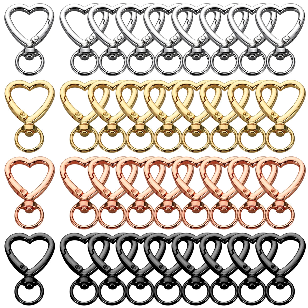 A set of heart-shaped spring hook keychains in silver, gold, rose gold, and black finishes.