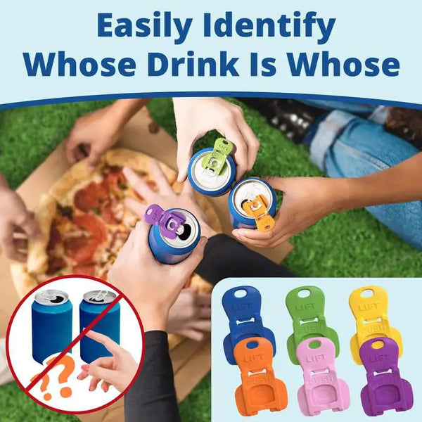 Hands are shown using an easy tab opener tool to open a drink can, demonstrating how to identify whose drink is whose.
