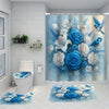 A shower curtain featuring a blue and white floral design with roses and blue berries, displayed in a bathroom setting.