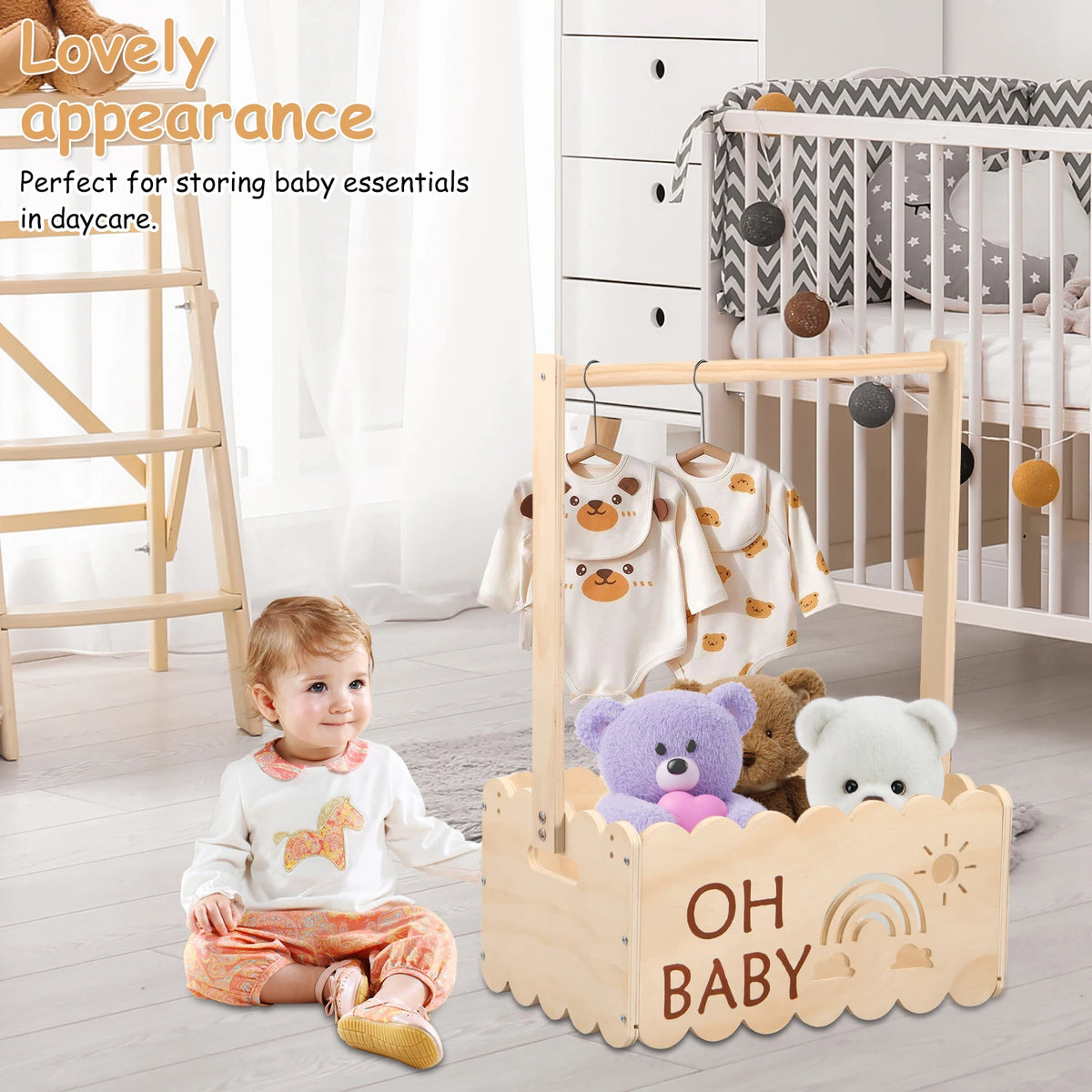 A wooden storage basket with a handle is shown next to a baby crib and a child, used for storing baby essentials.