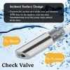 Stainless steel liquid soap dispenser with an inclined surface design and check valve visible in water.