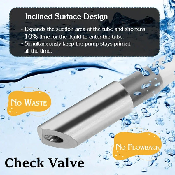 Stainless steel liquid soap dispenser with an inclined surface design and check valve visible in water.