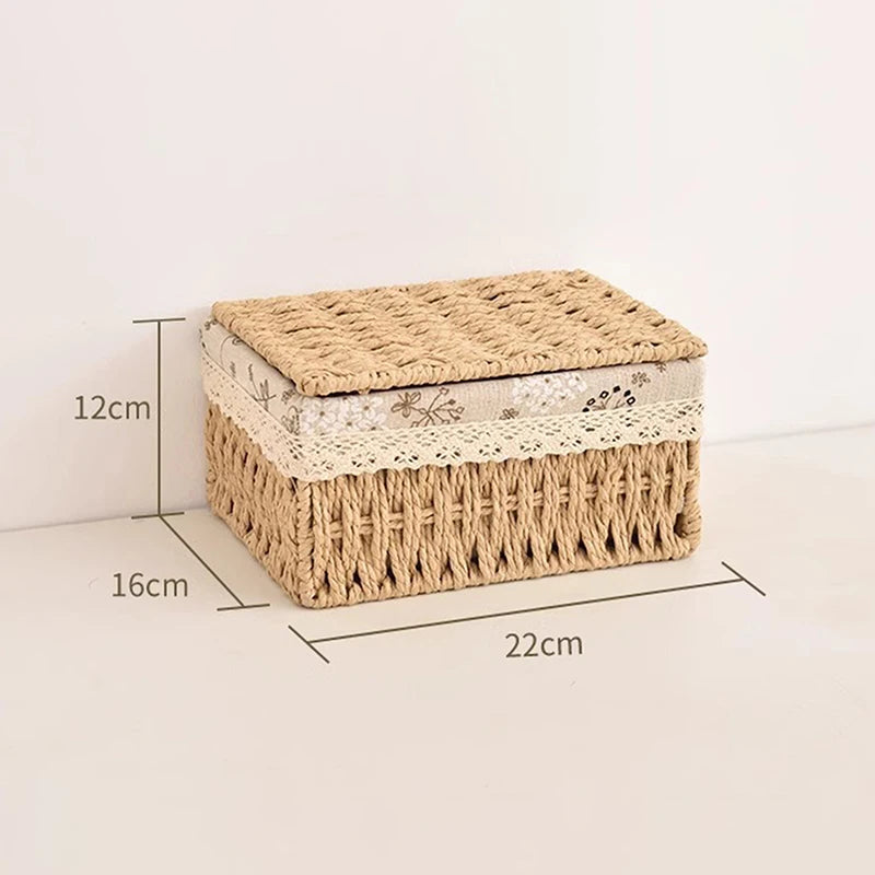 A rectangular handwoven rattan storage basket with a lid, showing its dimensions.