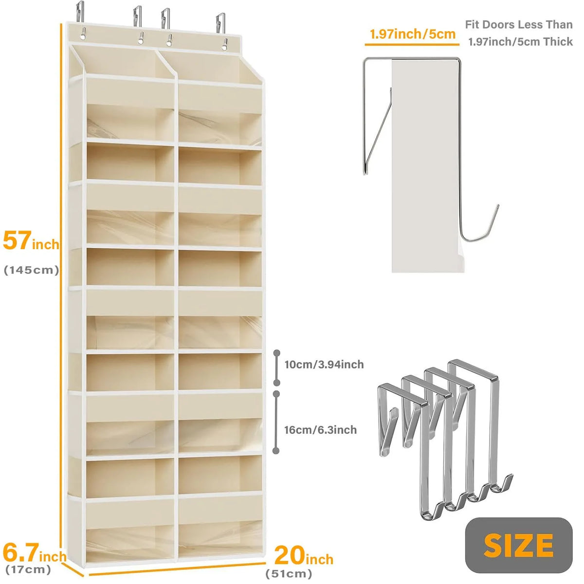 A tall, rectangular white over-the-door hanging storage organizer with 10 compartments and a 57 inch height.
