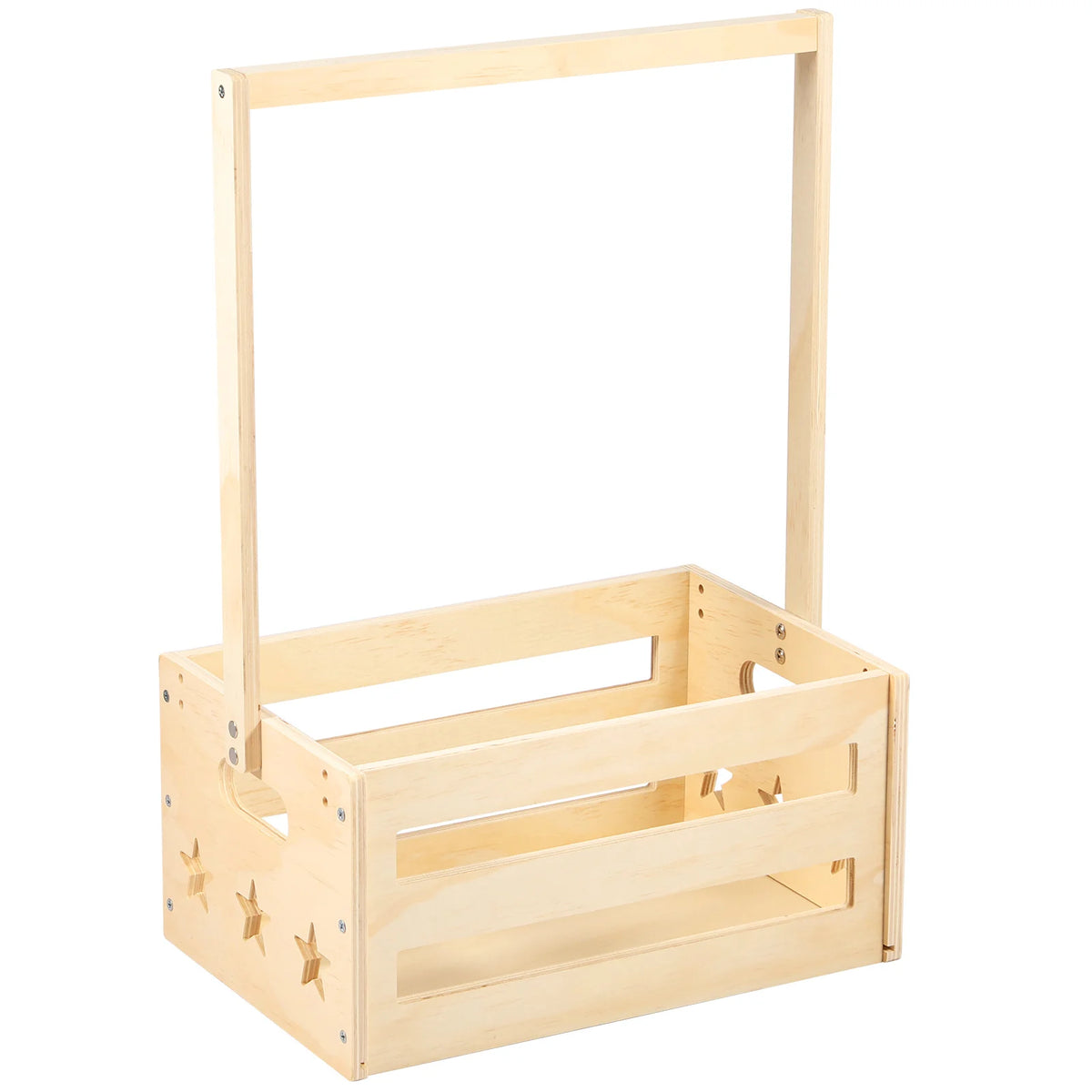 A light wood decorative storage basket with a handle and small star cutouts.
