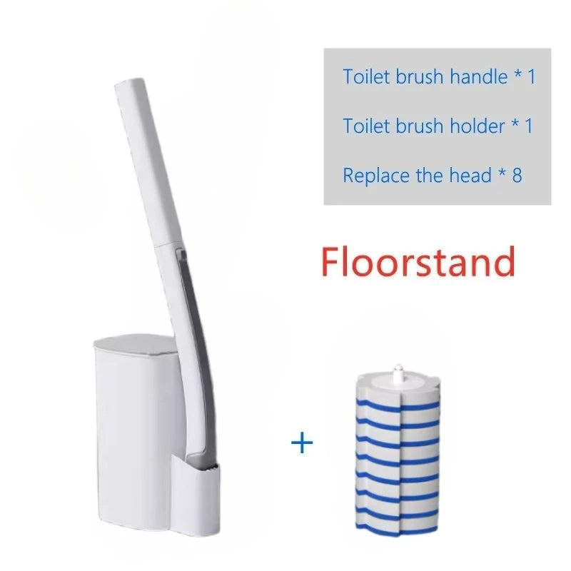 A floorstand toilet brush kit showing a white handle, holder, and eight replacement heads.