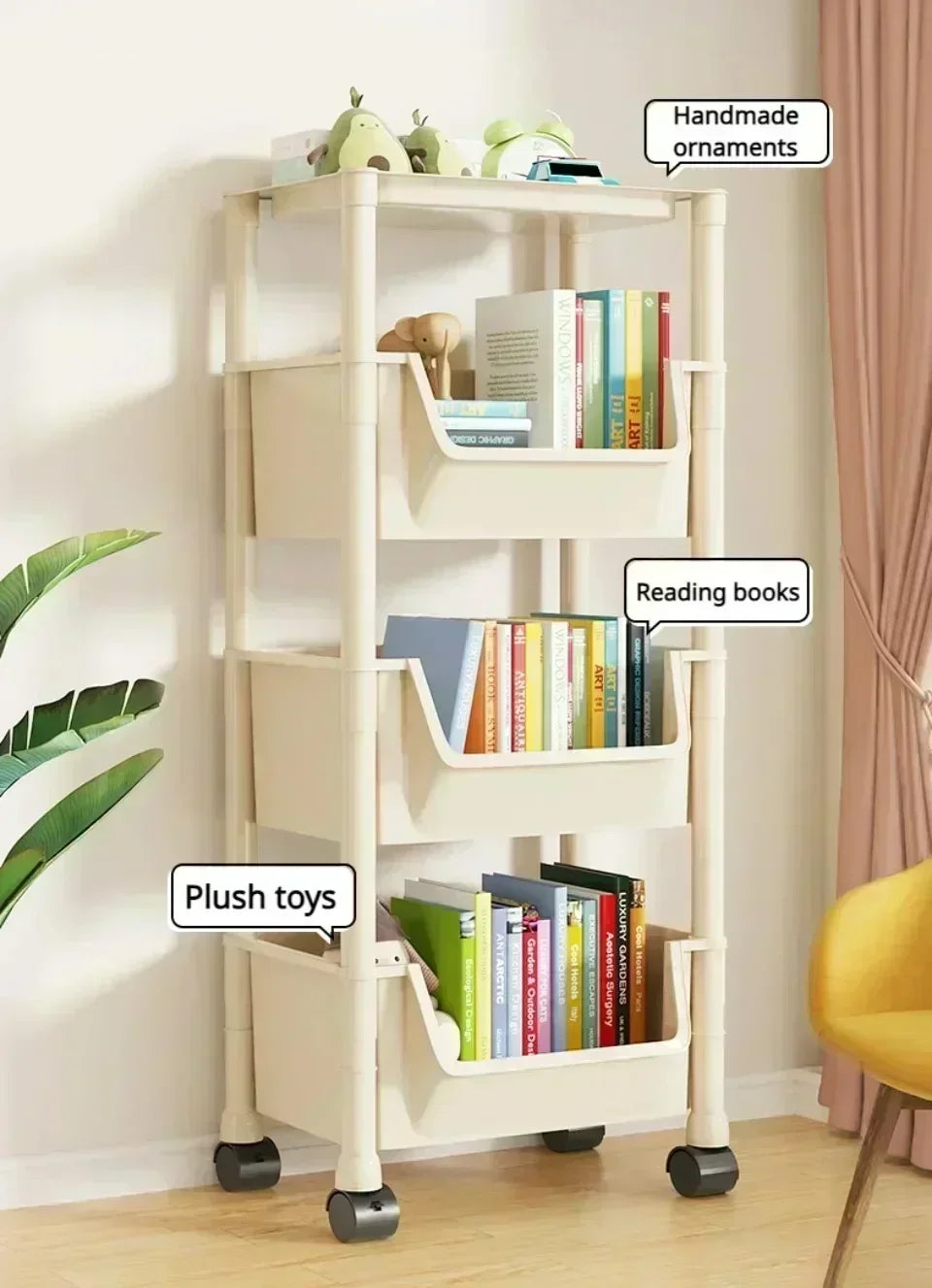 A white multi-layer portable storage rack with wheels displaying handmade ornaments, reading books, and plush toys.