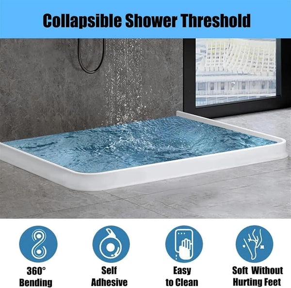Collapsible shower threshold featuring 360 degree bending, self adhesive, easy to clean, and soft hurting feet.