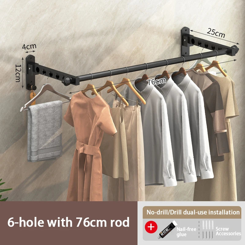 Wall-mounted clothes drying rack featuring a 76cm rod and six holes for dual-use installation