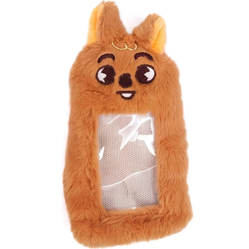 A fluffy orange plush doll storage bag with a carved face design.