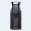 A black waterproof transparent kitchen apron hanging against a white background.