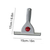 A gray glass cleaning squeegee with a handle and a flat blade, shown next to its dimensions.