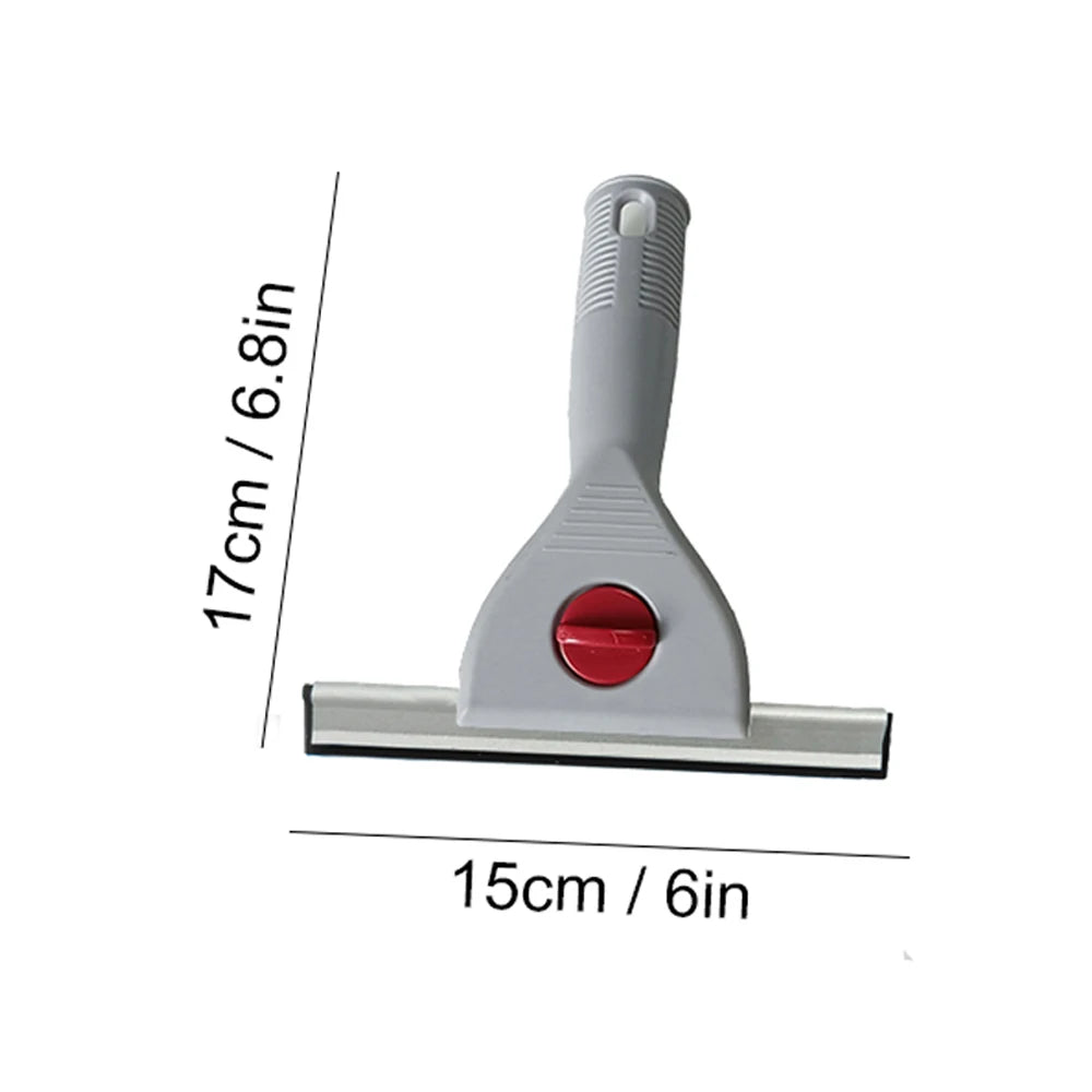 A gray glass cleaning squeegee with a handle and a flat blade, shown next to its dimensions.