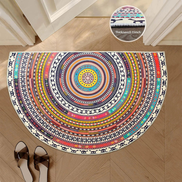 Boho tribal mandala semi-circle doormat with colorful geometric patterns