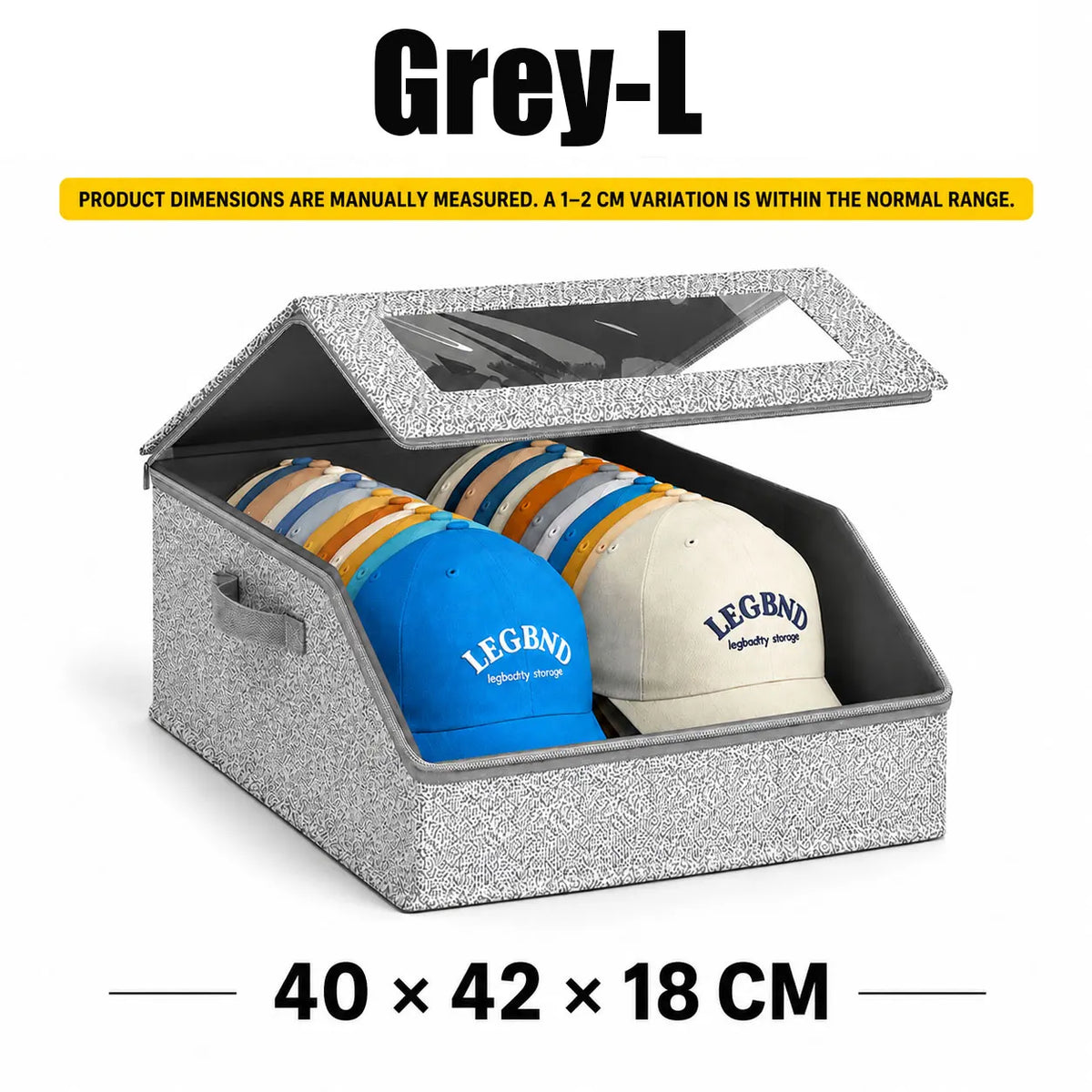 Grey-L stackable hat storage box with a clear lid containing striped and solid colored hats.