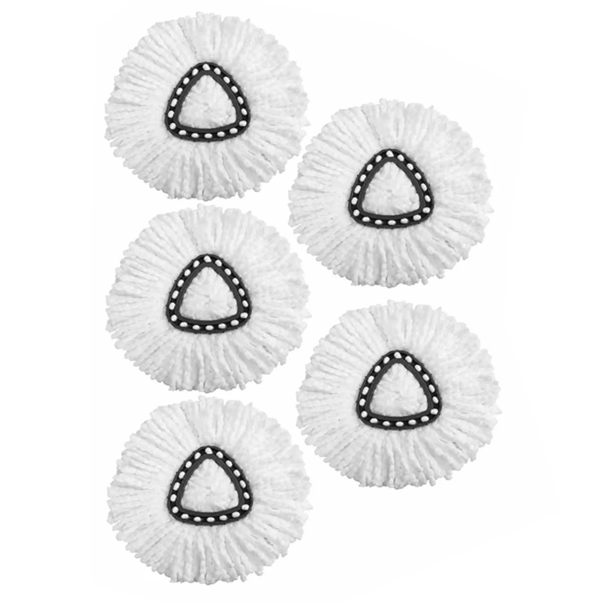 A collection of white, fluffy replacement mop heads with black triangular inserts.