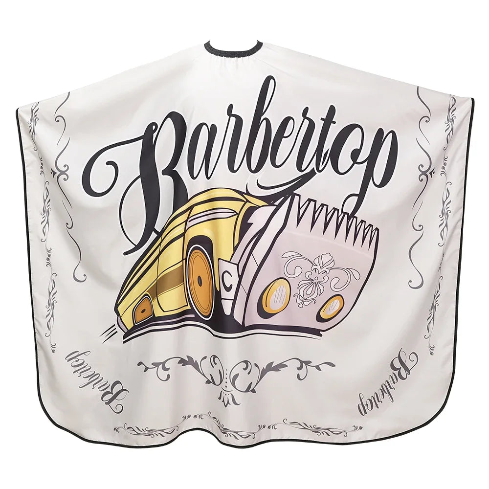 A white salon cape featuring a black script design of the word Barbertop and an illustration of a yellow and pink haircutting
