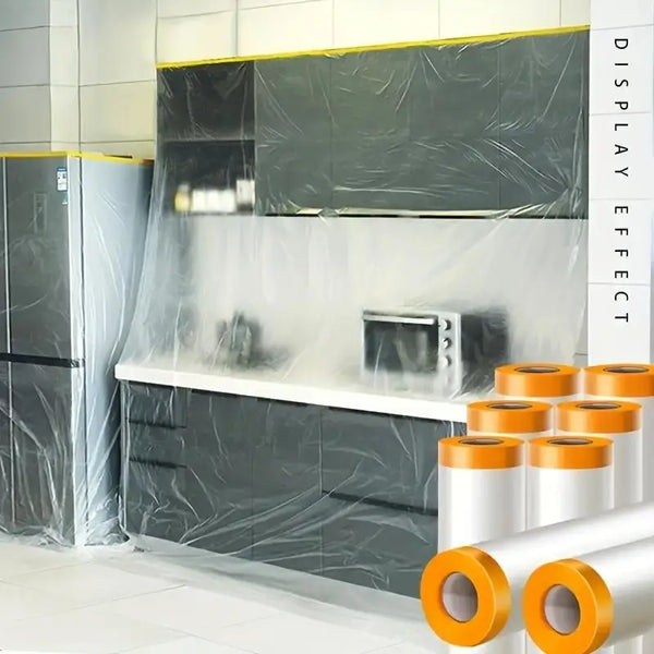 A kitchen cabinet and countertop are covered with clear plastic film for protection and masking.