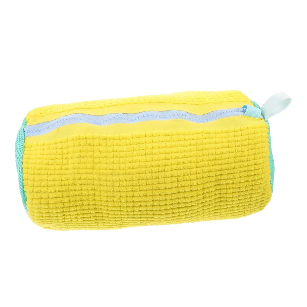 A bright yellow, textured fabric bag designed for durable shoe washing and machine cleaning.