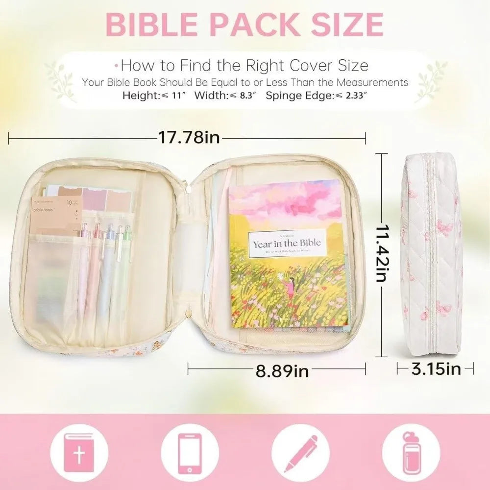 A floral quilted bible cover bag showing the size guidelines and an example of a Bible inside.