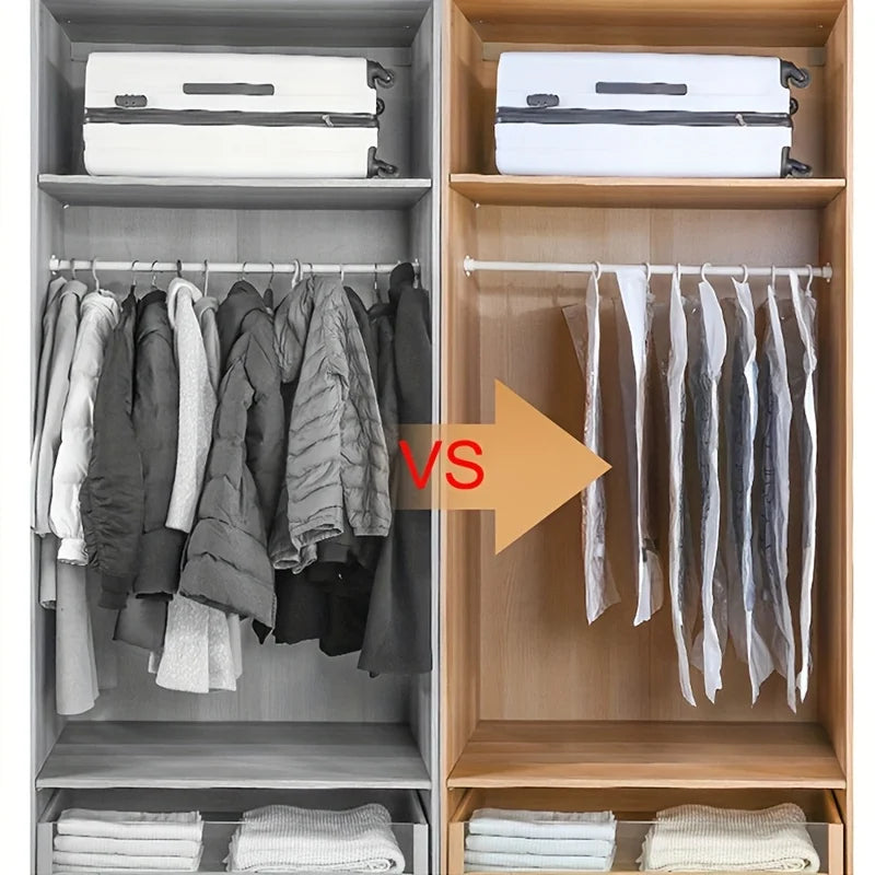 A storage cabinet showing hanging vacuum storage bags for clothing and folded textiles.