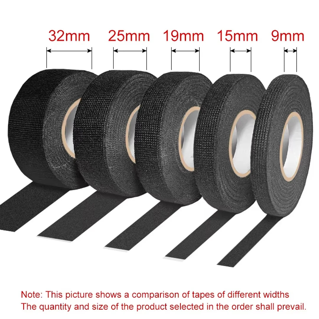 Comparison of heavy-duty electrical insulation tapes with various widths: 32mm, 25mm, 19mm, 15mm, and 9mm.