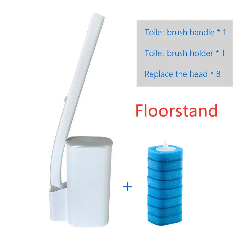 Toilettenbürsten-Set mit Griff, Halter und acht Ersatzköpfen.