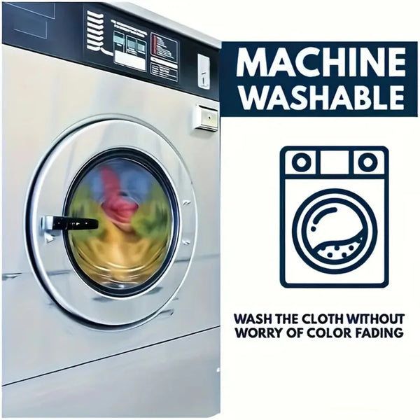 A close-up of a stainless steel washing machine door with a label indicating the machine is washable and safe for color-fadin