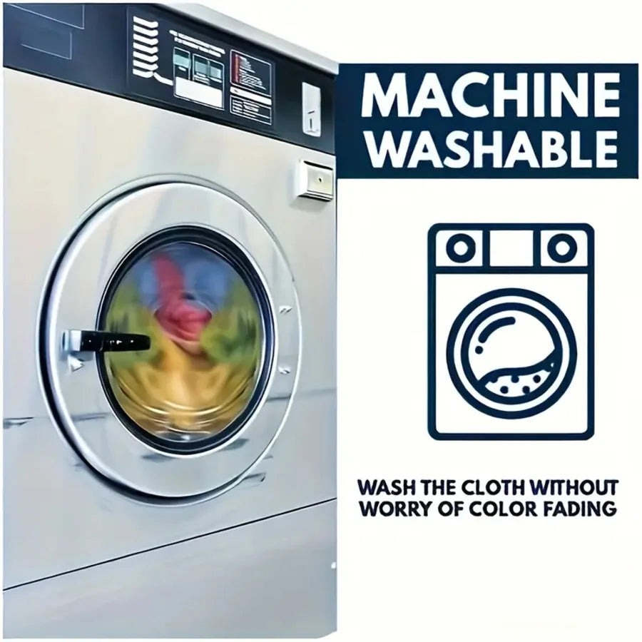 A close-up of a stainless steel washing machine door with a label indicating the machine is washable and safe for color-fadin