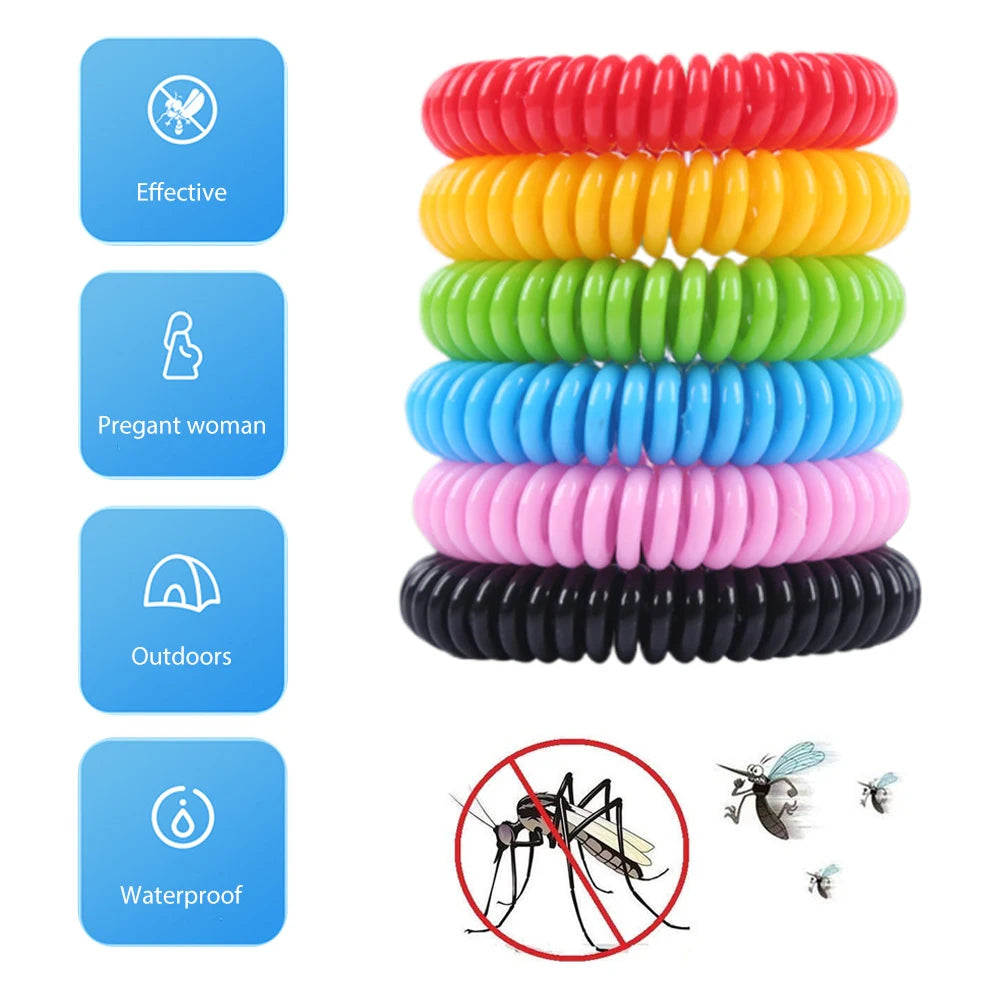 A stack of ten natural mosquito repellent bracelets in various colors including red, yellow, green, and blue, with a waterpro