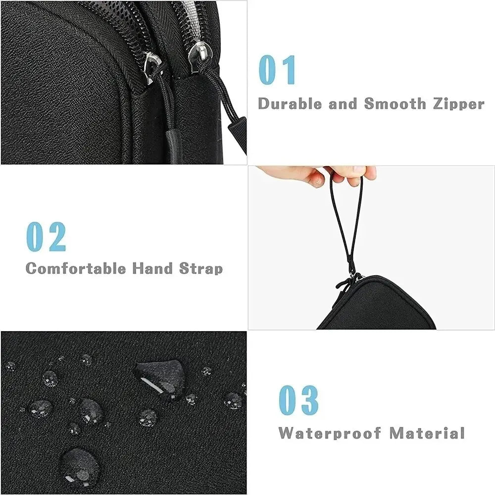 Three features of a black storage pouch: durable zipper, comfortable hand strap, and waterproof material.