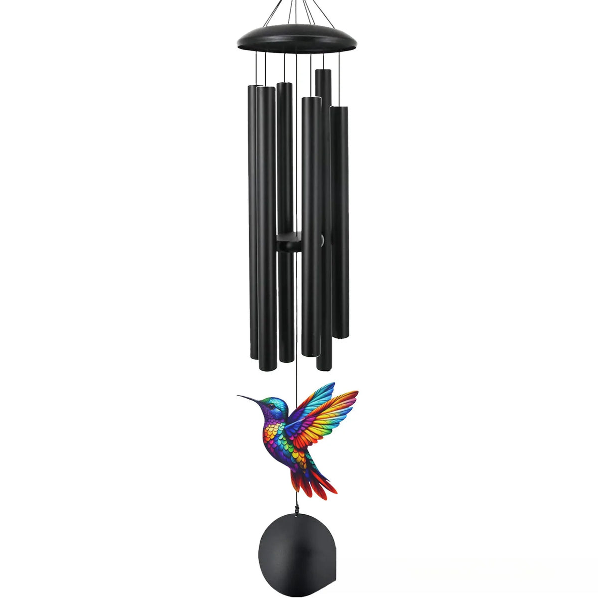 A hanging wind chime decoration made of black metal tubes with a colorful bird figure at the bottom.