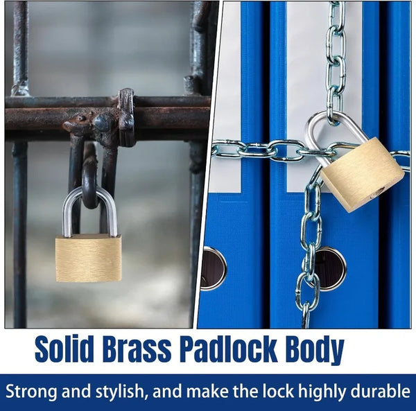 Gros plan sur le corps d'un cadenas en laiton massif attaché à une barre métallique, démontrant durabilité et style.