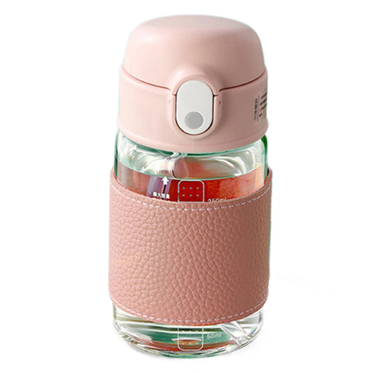 Gobelet en acier inoxydable rose portable avec une balance visible à l'intérieur.