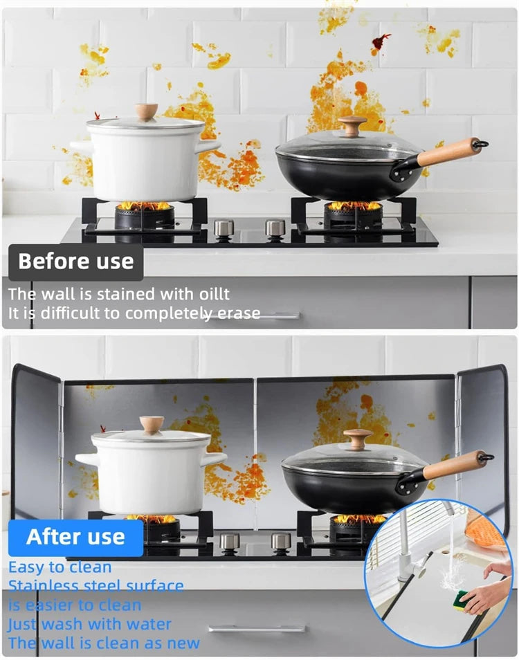 Before and after images showing the stain resistance of a black cooking pot on a stovetop.