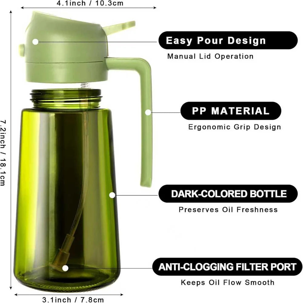 A green glass olive oil dispenser with a manual lid operation and anti-clogging filter port.