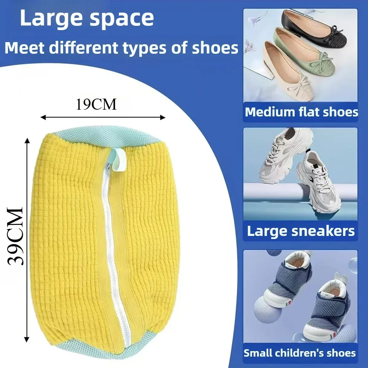 Yellow fabric laundry bag designed to hold and organize various types of shoes like flats sneakers and small children's shoes