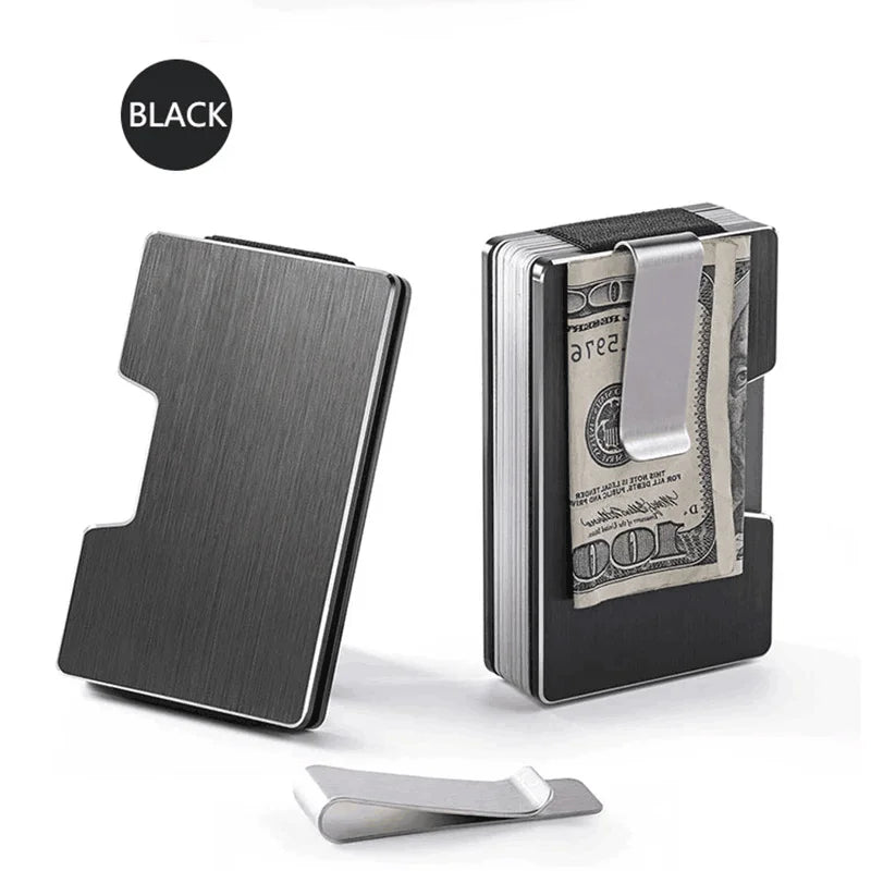 A black carbon fiber slim card wallet shown with a card inserted and a removable card holder.