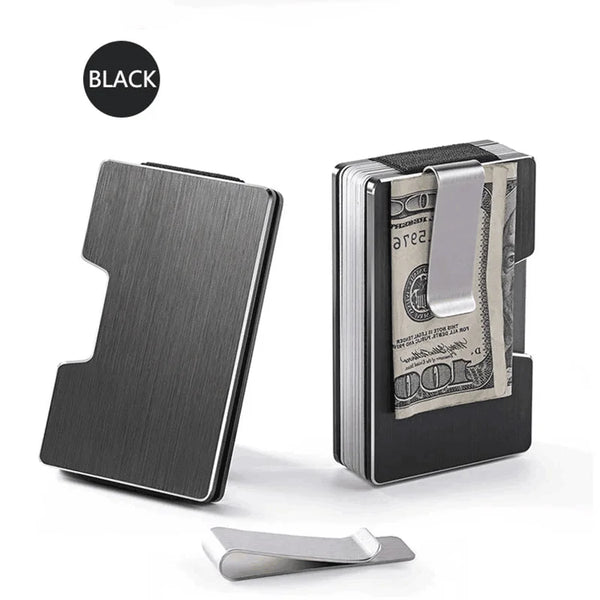 A black carbon fiber slim card wallet shown with a card inserted and a removable card holder.