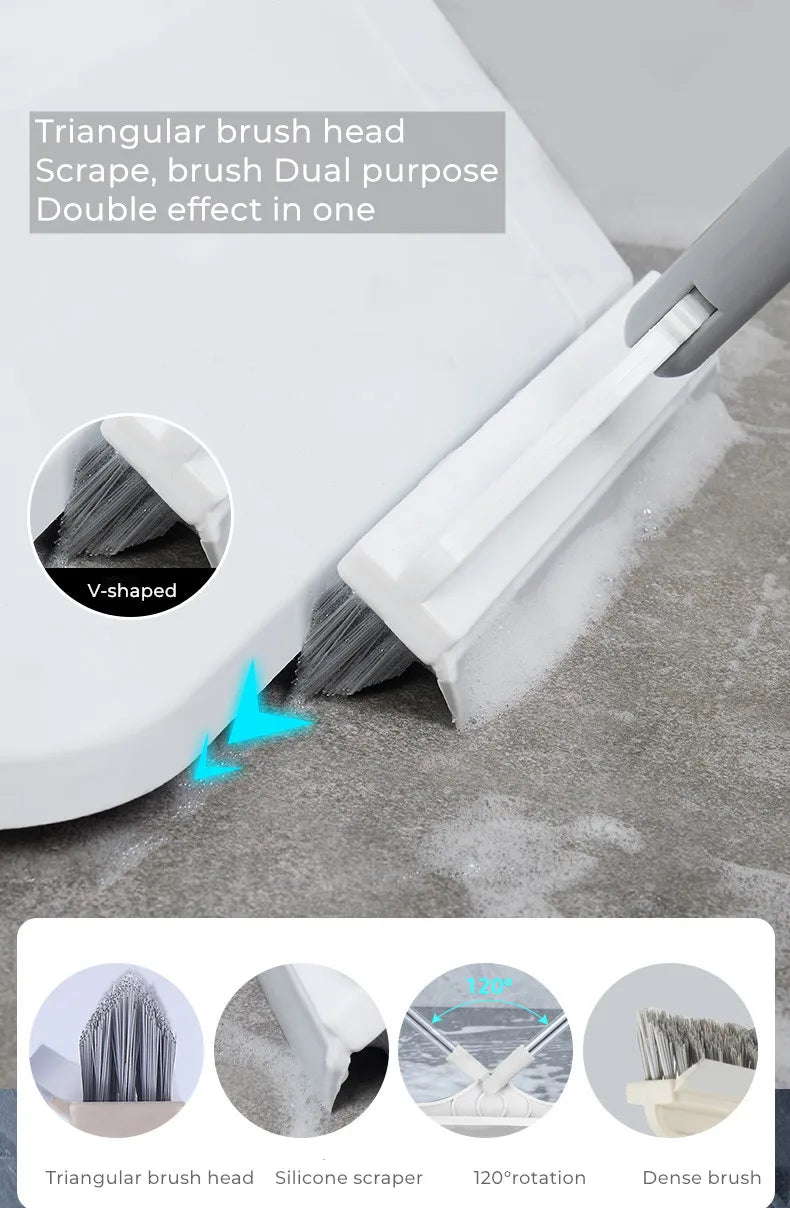 Weiße dreieckige Bürstenkopf, der eine Oberfläche abschabt und sein V-förmiges Design sowie seine Doppelnutzung demonstriert.